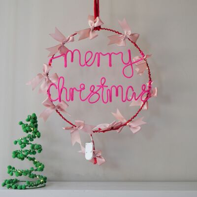 Merry Christmas Satin Bow Light Up Wreath - Christmas Decoration (30cm)
