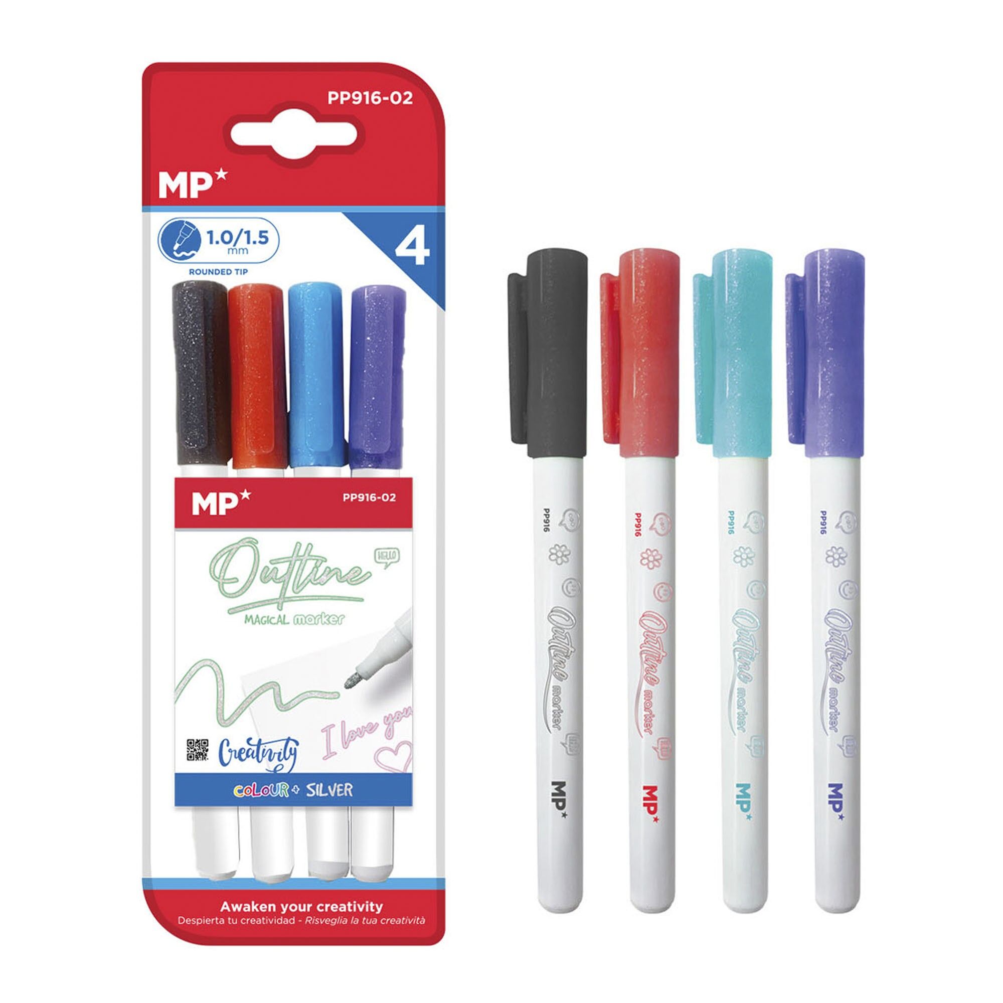 LOT DE 4 MARQUEURS MAGIQUES OUT LINER DOUBLE LIGNE. Noir, bleu, rouge et violet.