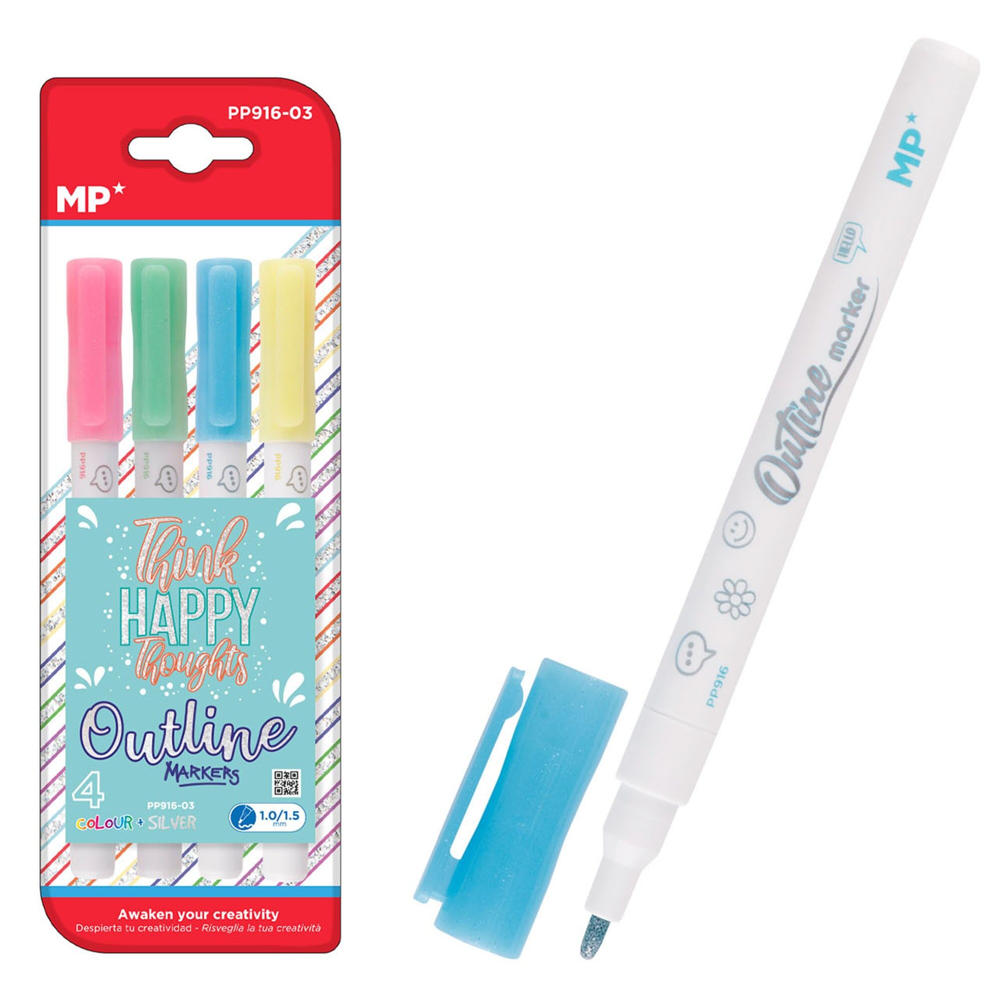 LOT DE 4 MARQUEURS MAGIQUES OUT LINER DOUBLE LIGNE. Rose, bleu, vert clair et jaune pâle.