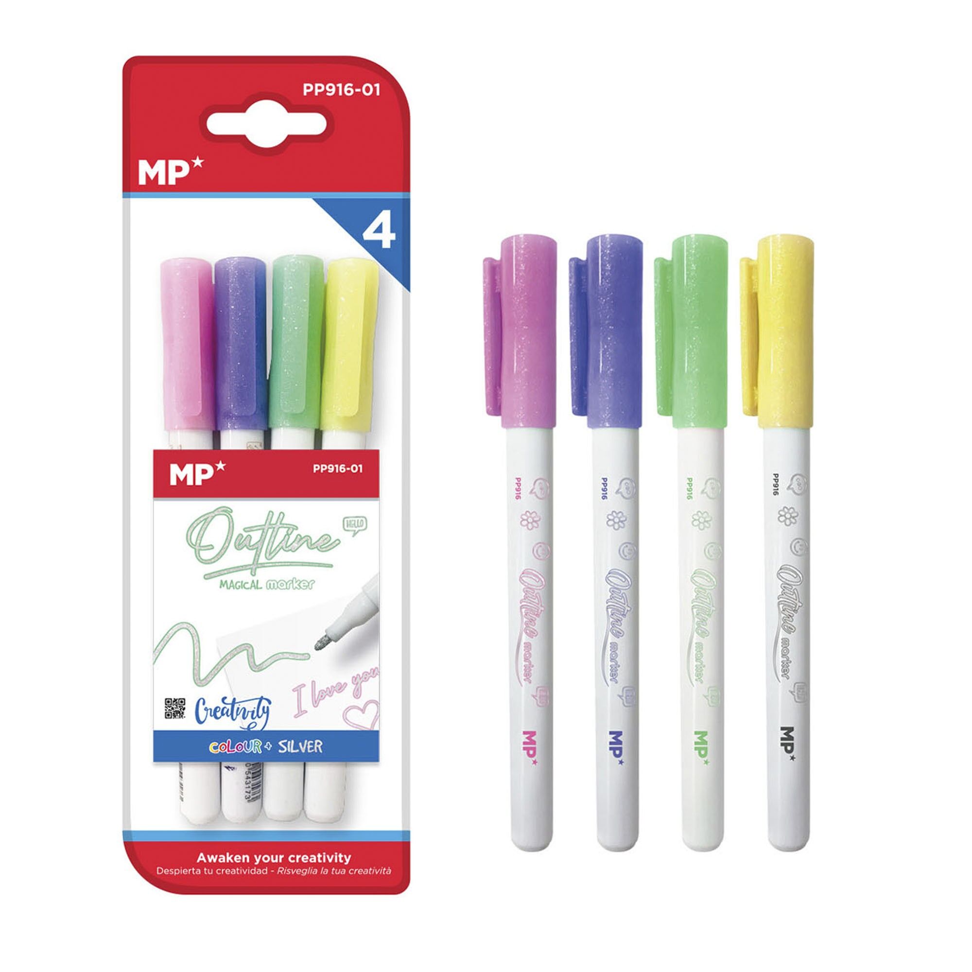 LOT DE 4 MARQUEURS MAGIQUES OUT LINER DOUBLE LIGNE. Rose, lilas, vert clair et jaune pâle.