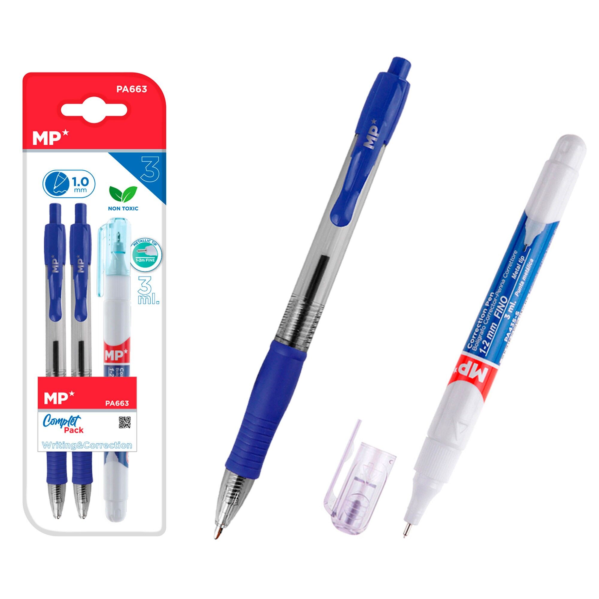 SCHREIBSET: 2 blaue Druckkugelschreiber und 1 Kugelschreiber.