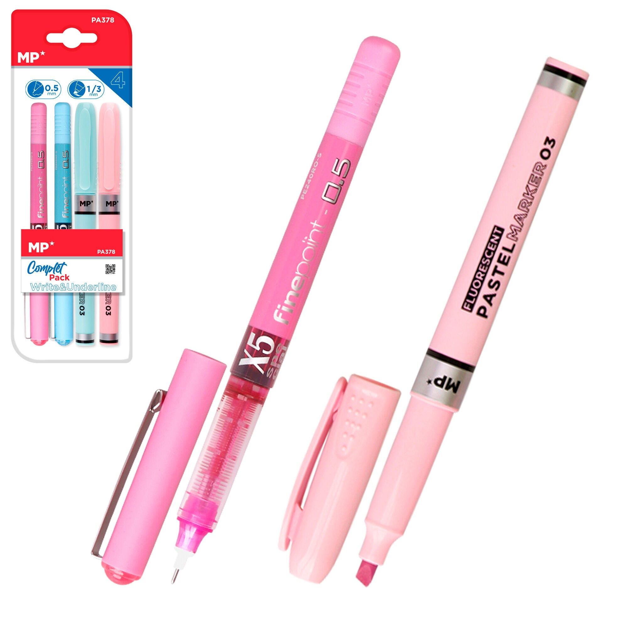 SCHREIBSET: 2 Stifte mit Nadelspitze und 2 fluoreszierende Marker.