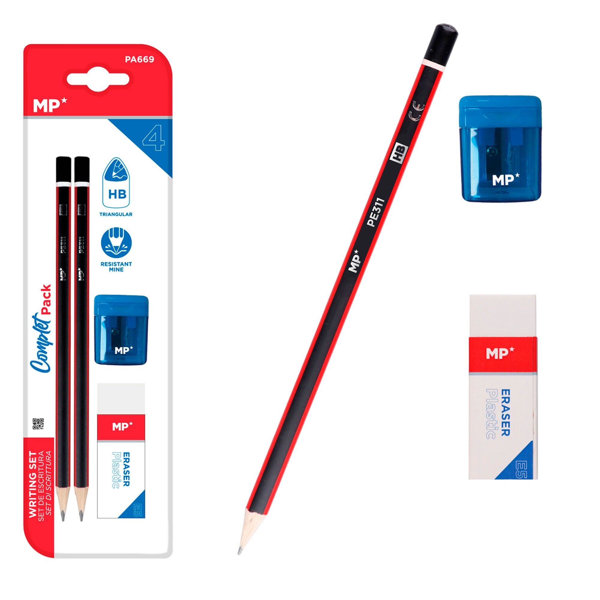 SCHREIBSET: 2 dreieckige HB-Bleistifte, 1 Spitzer mit Reservoir und ein Radiergummi.