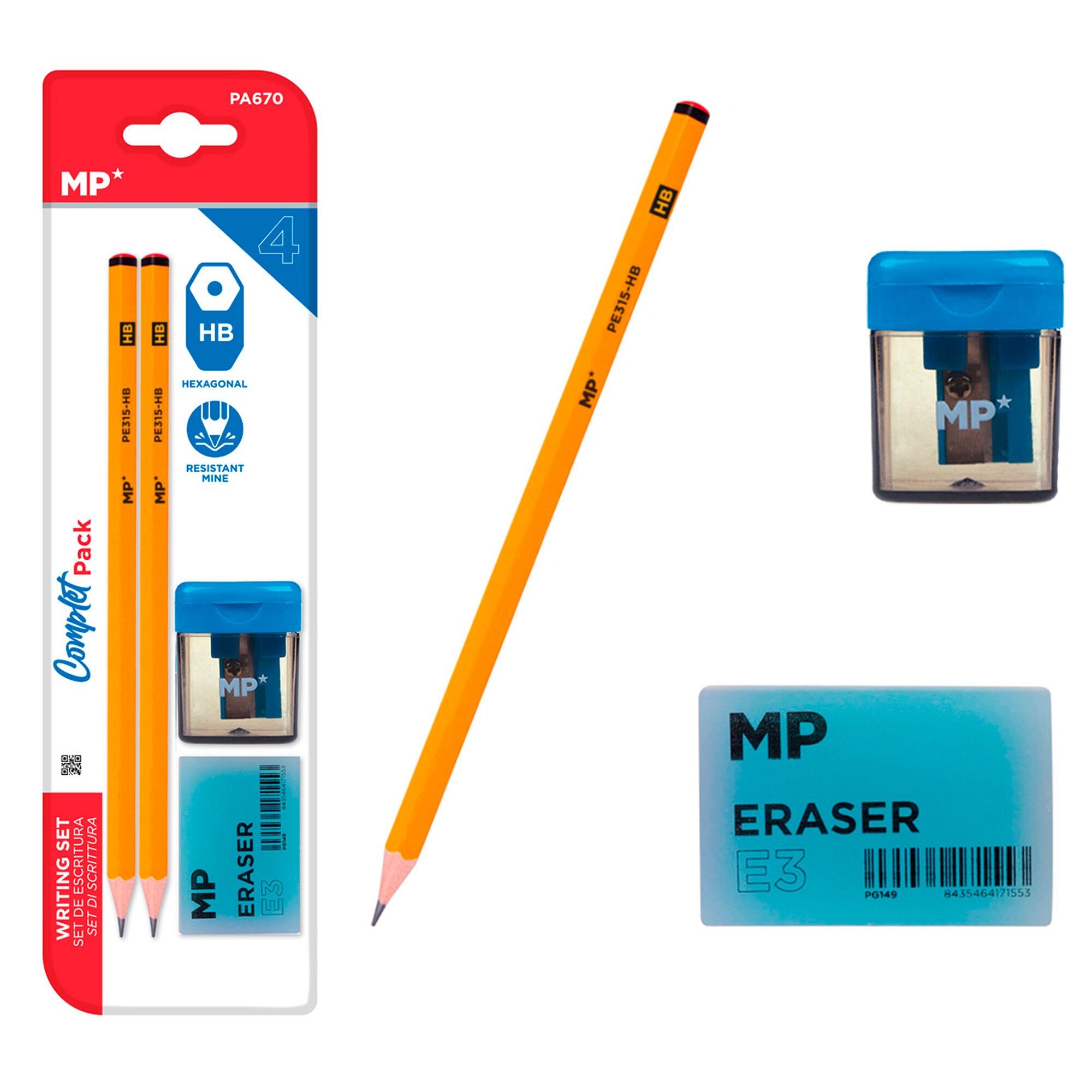 SCHREIBSET: 2 HB-Bleistifte, 1 Spitzer mit Behälter und ein Radiergummi.