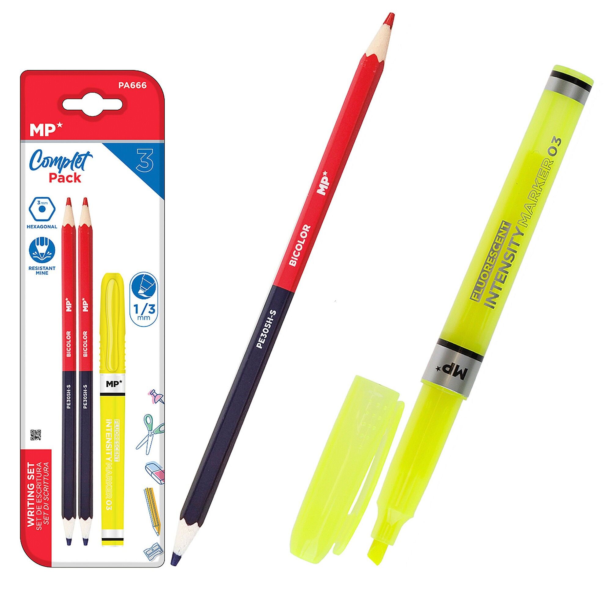 SCHREIBSET: 2 zweifarbige Markierstifte und 1 fluoreszierender Marker.