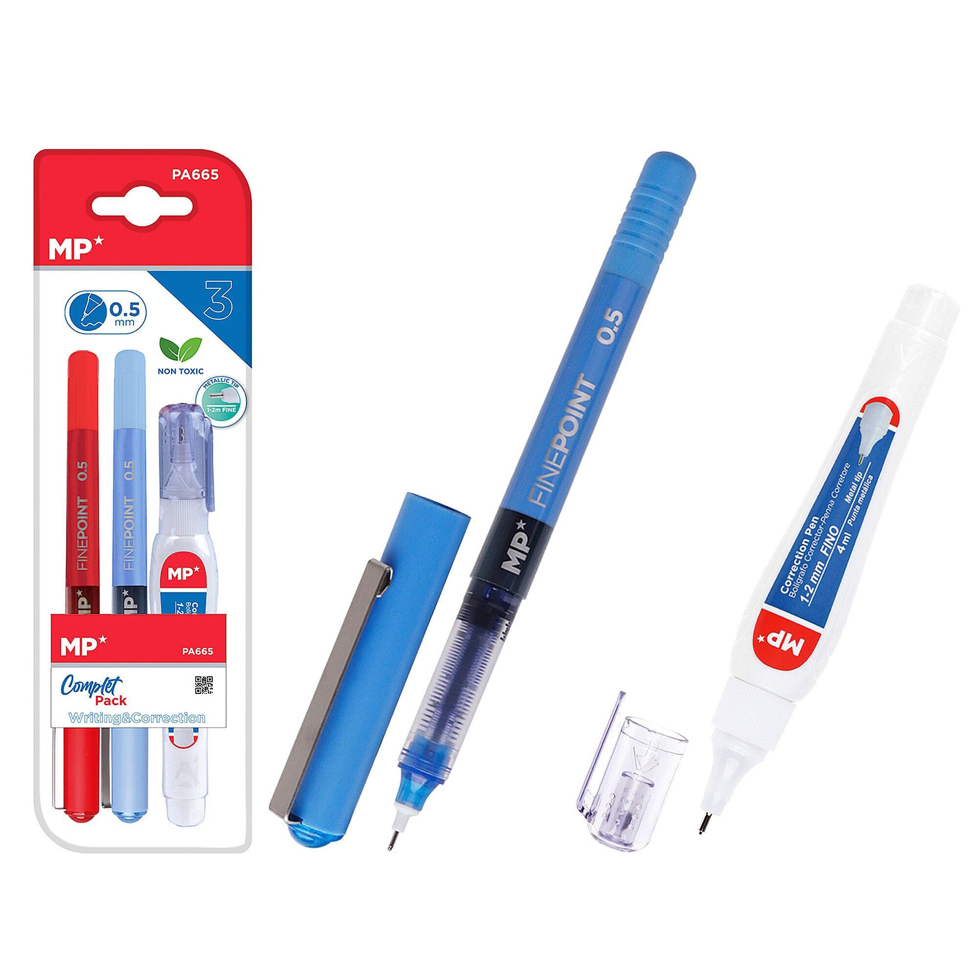 SCHREIBSET: 2 Nadelmarker und 1 Kugelschreiber-Korrekturflüssigkeit.