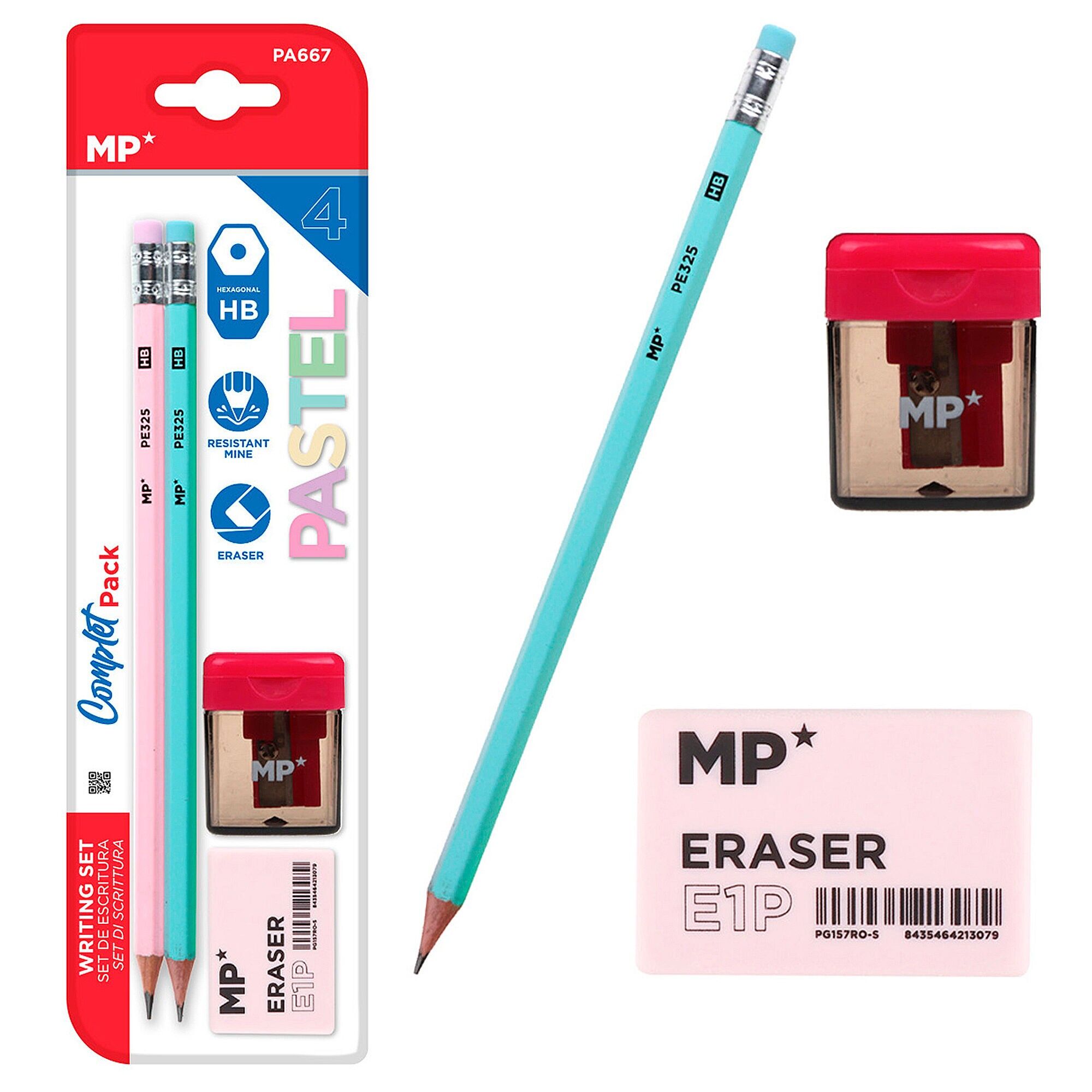 SCHREIBSET: 2 HB-Bleistifte mit Radiergummi, 1 Spitzer mit Behälter und ein Radiergummi.