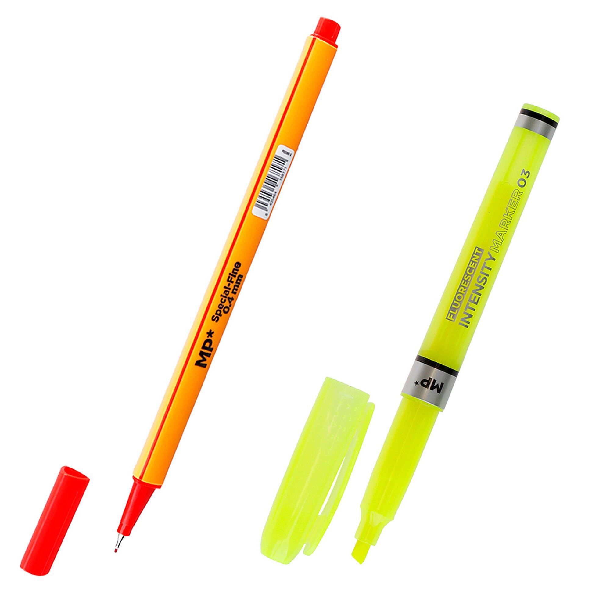 SCHREIBSET: 2 Marker mit feiner Spitze und 1 fluoreszierender Marker.