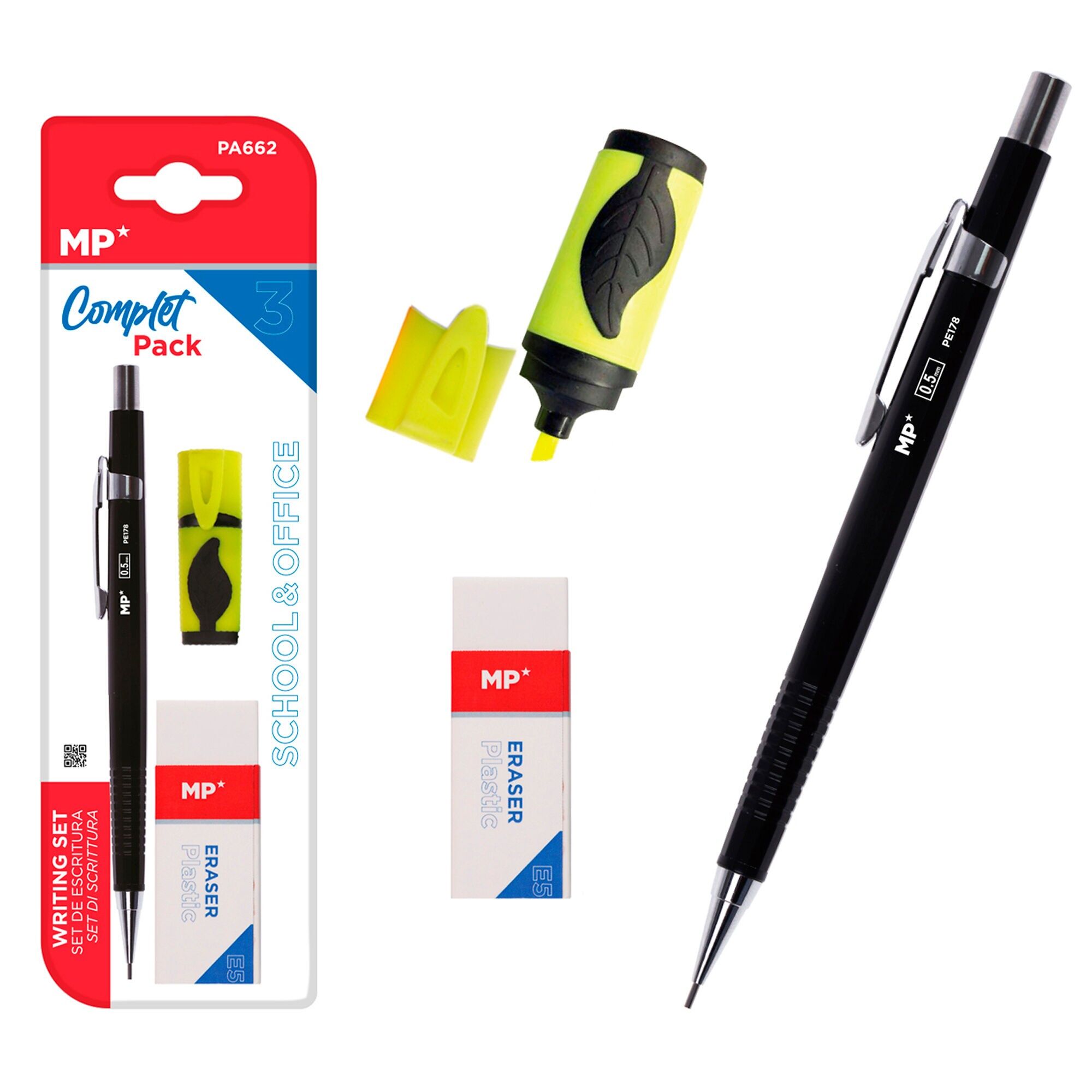 SCHREIBSET: Druckbleistift, fluoreszierender Marker und Radiergummi.