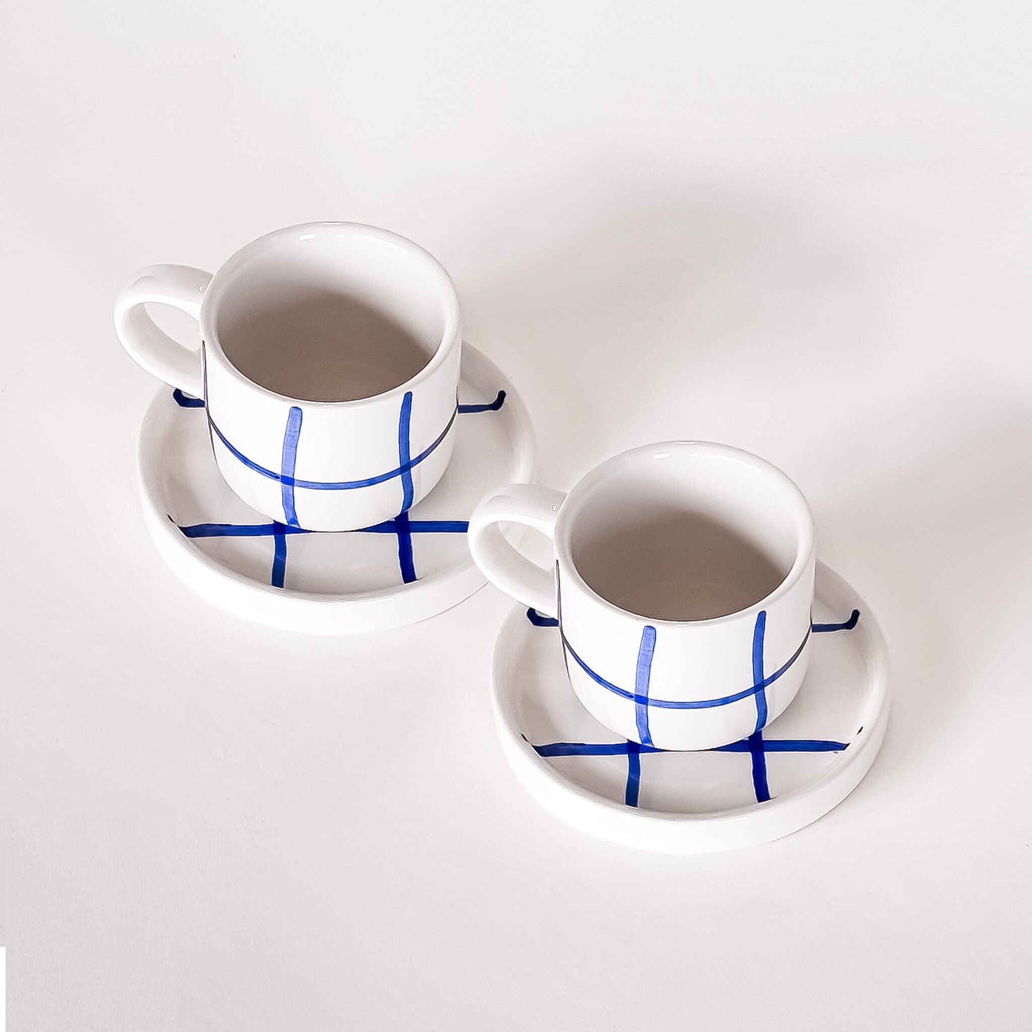 Espresso Tasse (2er Set) - blaues Karo - handbemalt
