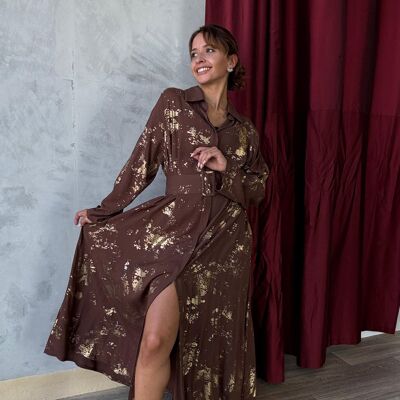 Long Brown Shirt Dress with Gold Print with Belt and Pockets – Viscose