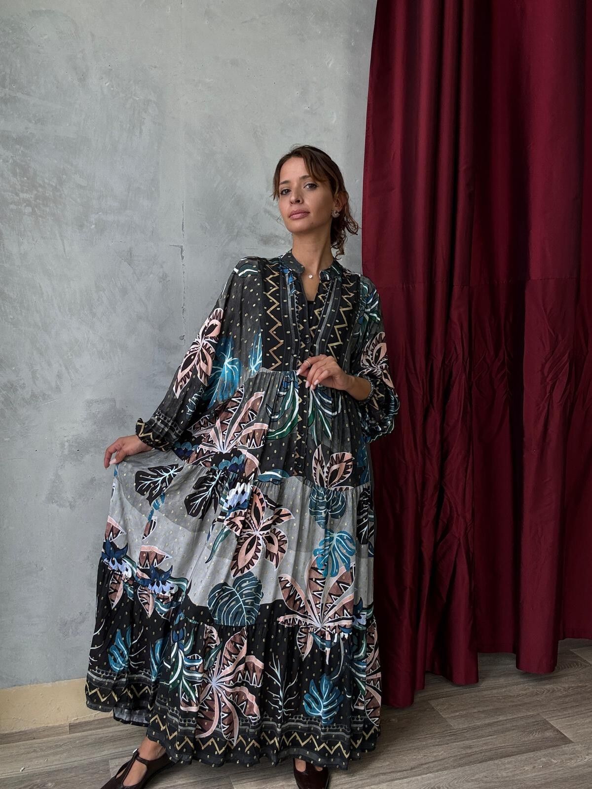 Tropical Print Long Flowy Dress – With Viscose