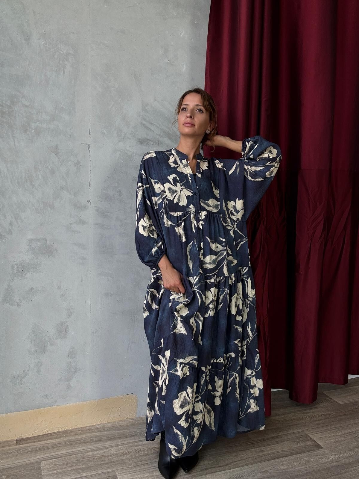 Long Loose Floral Print Dress - Long Sleeves - With Viscose Blue Beige