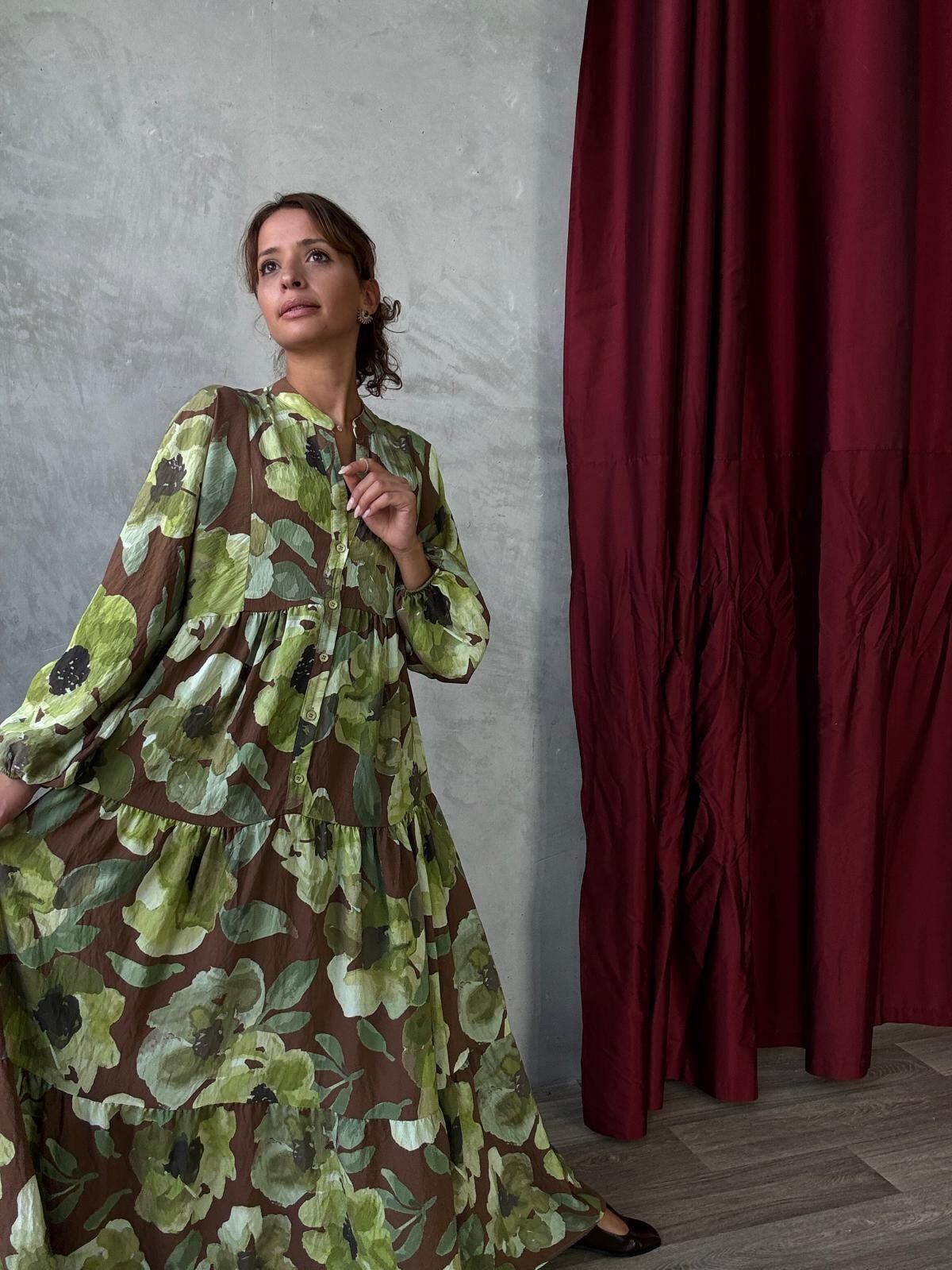 Long Loose Floral Print Dress - Long Sleeves - With Viscose