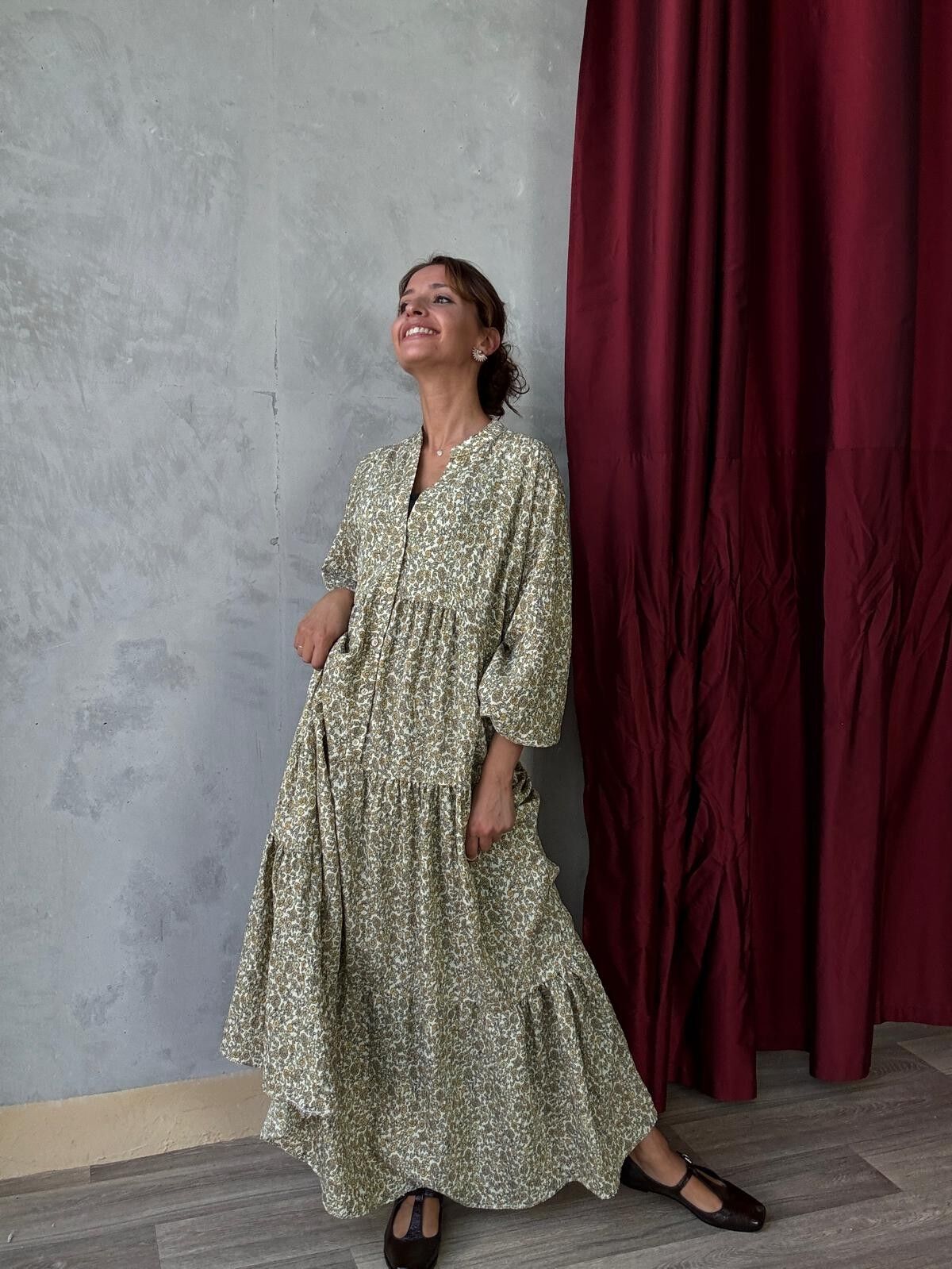 Long Loose Floral Print Dress - Long Sleeves - With Viscose