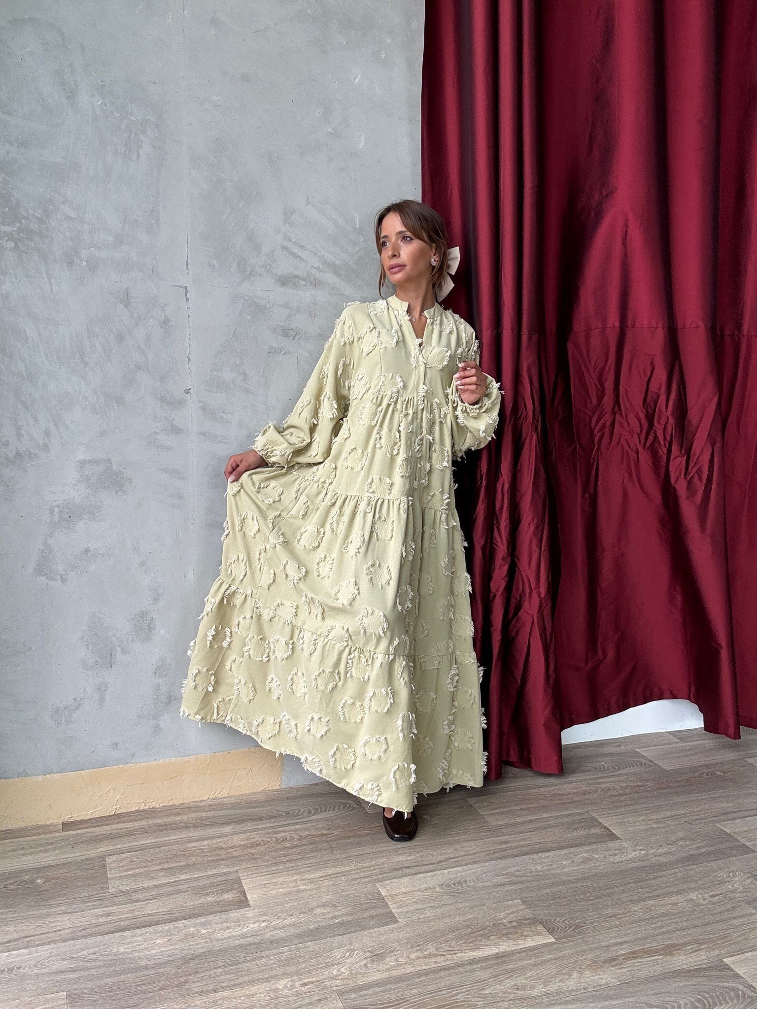 Light green bohemian maxi dress with textured patterns - cotton