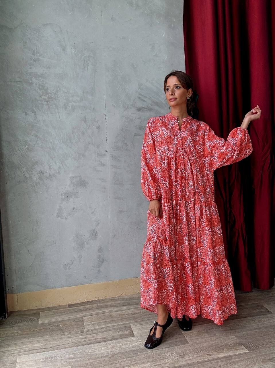 Long Loose Floral Print Dress - Long Sleeves - With Viscose