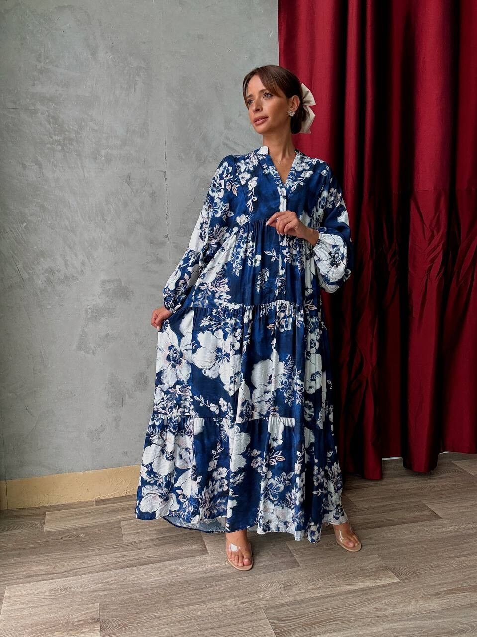 Long Loose Floral Print Dress - Long Sleeves - With Viscose BlueWhite