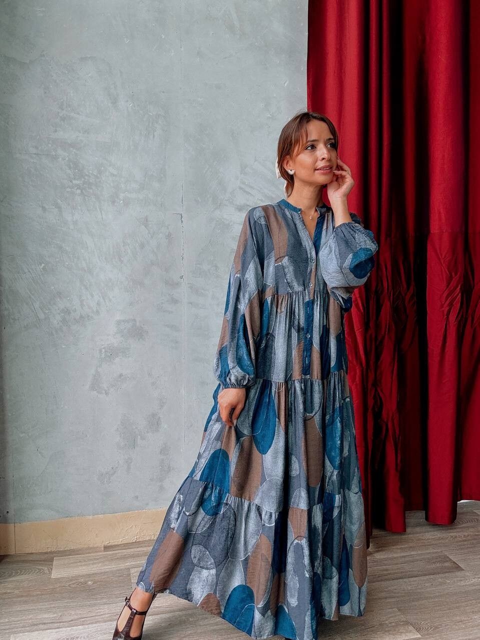 Geometric Print Long Flowy Dress – With Viscose