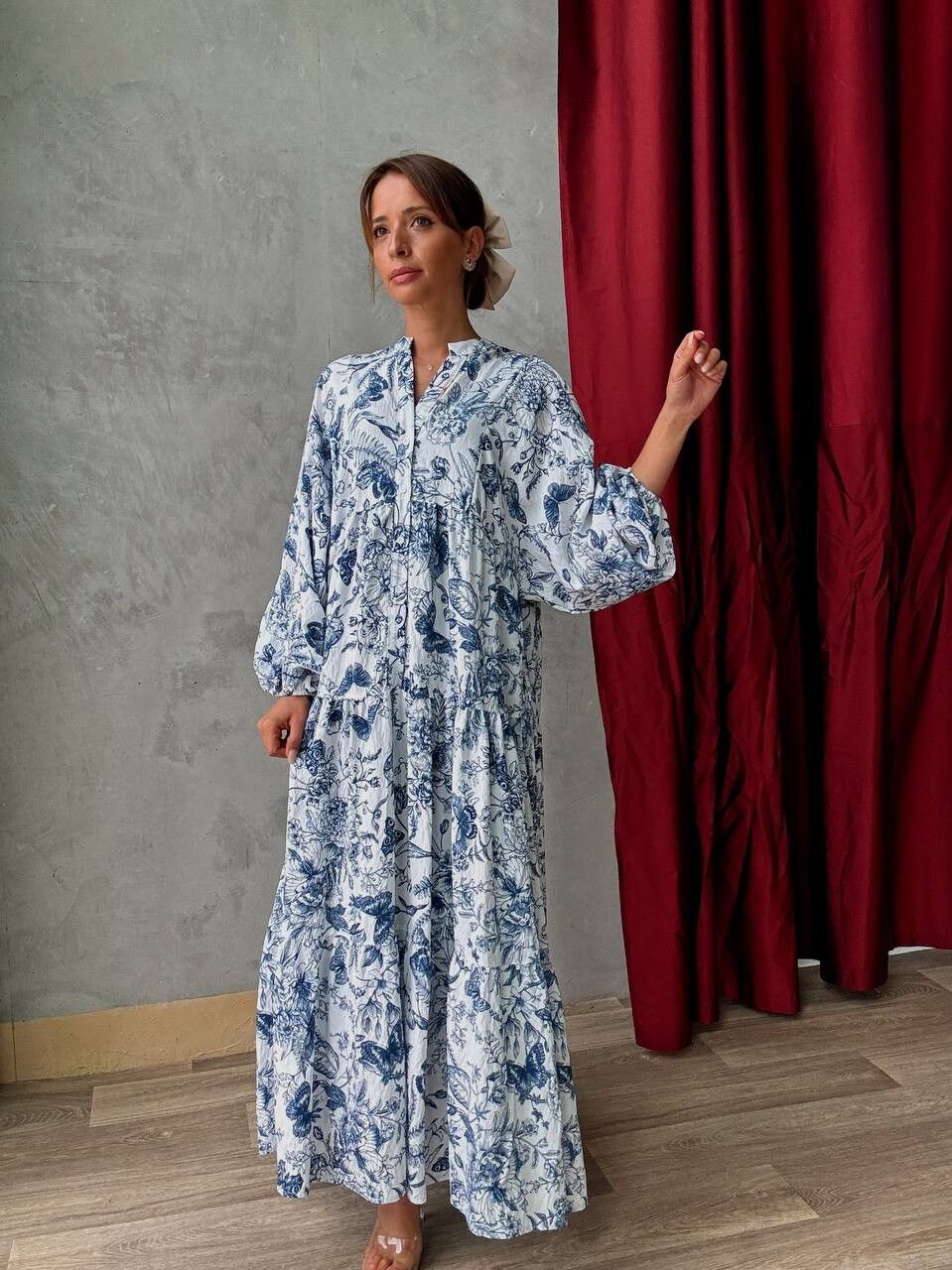 Long Loose Floral Print Dress - Long Sleeves - With Viscose