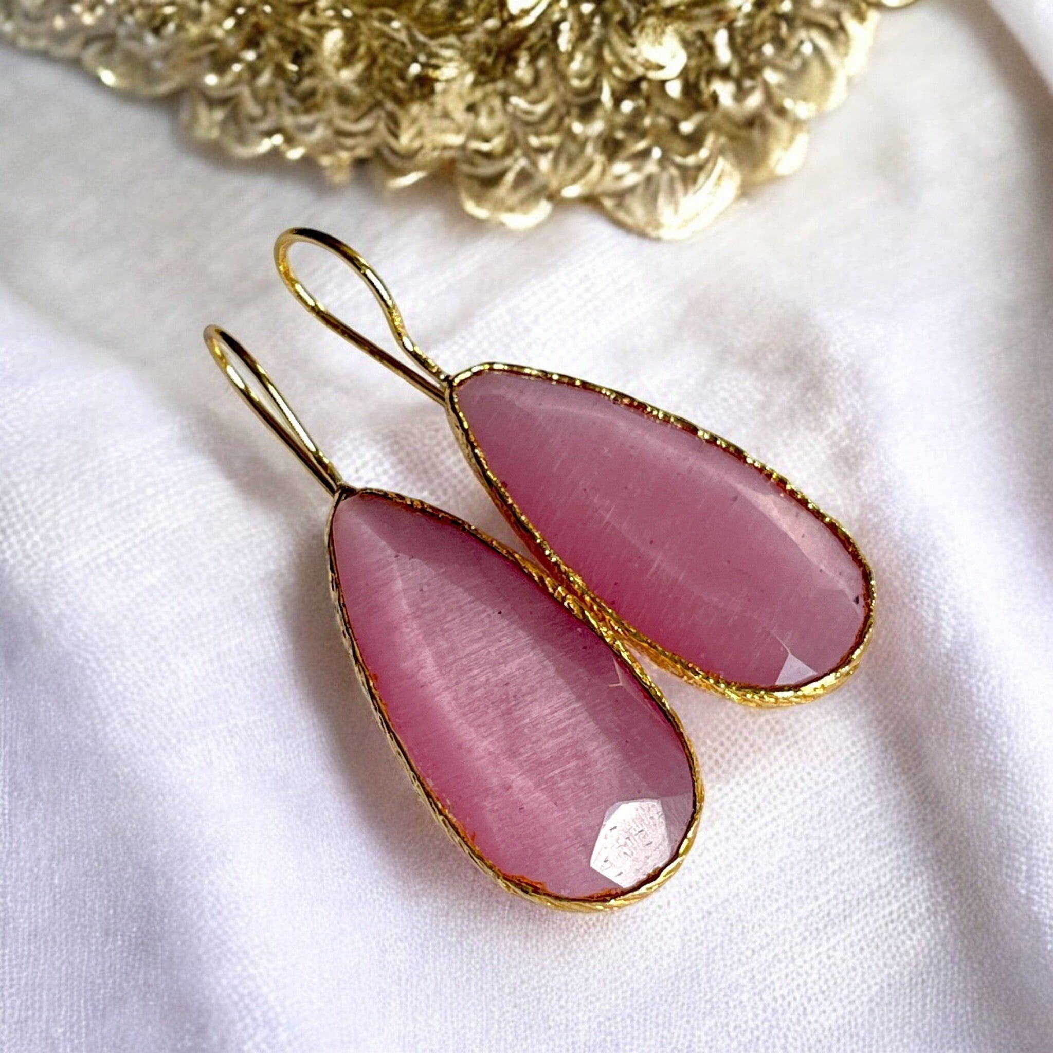 Boucles d’oreilles "ECLISIA" dorées or fin pierre naturelle Agate rose