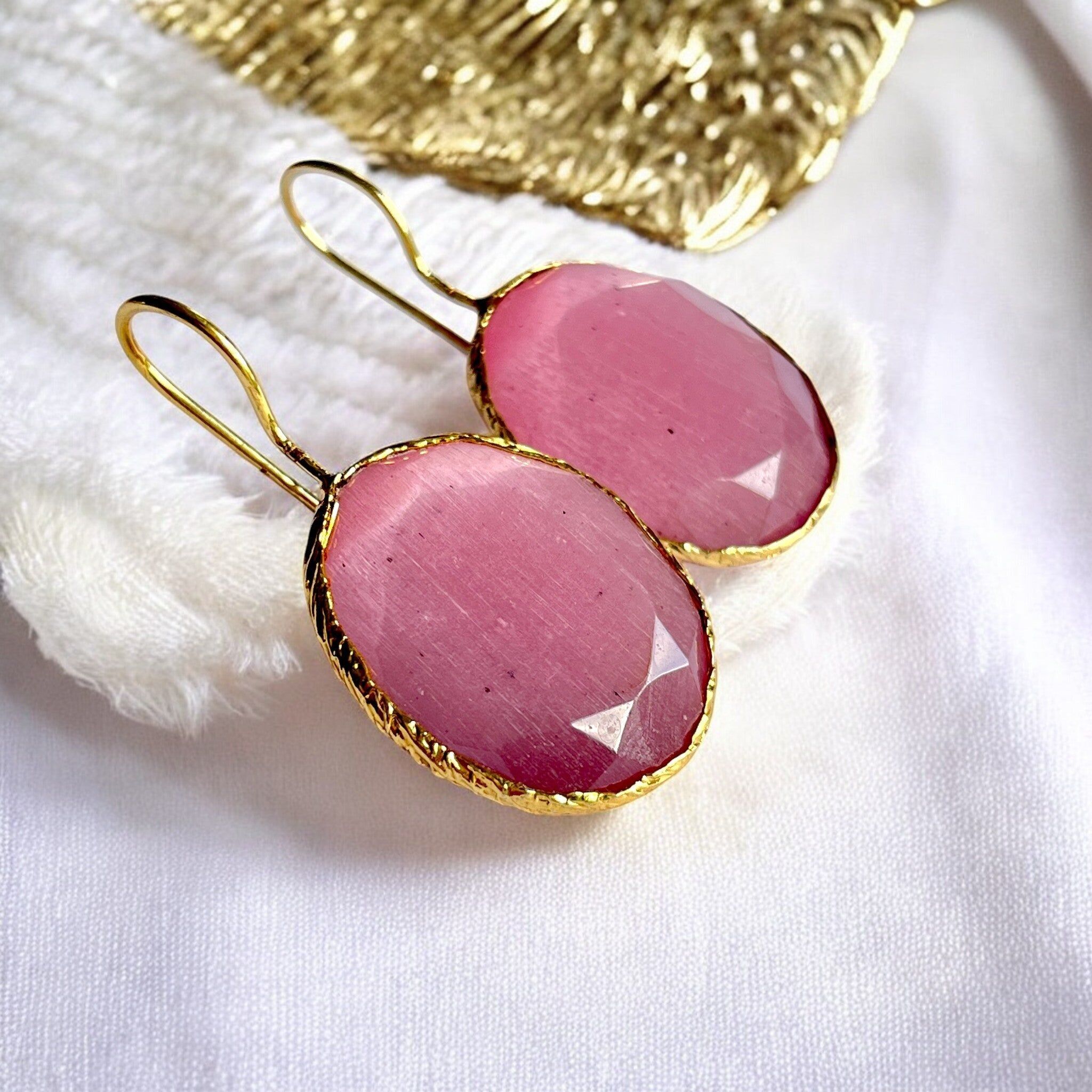 Boucles d’oreilles "ECLISIA 2" dorées or fin pierre naturelle Agate rose