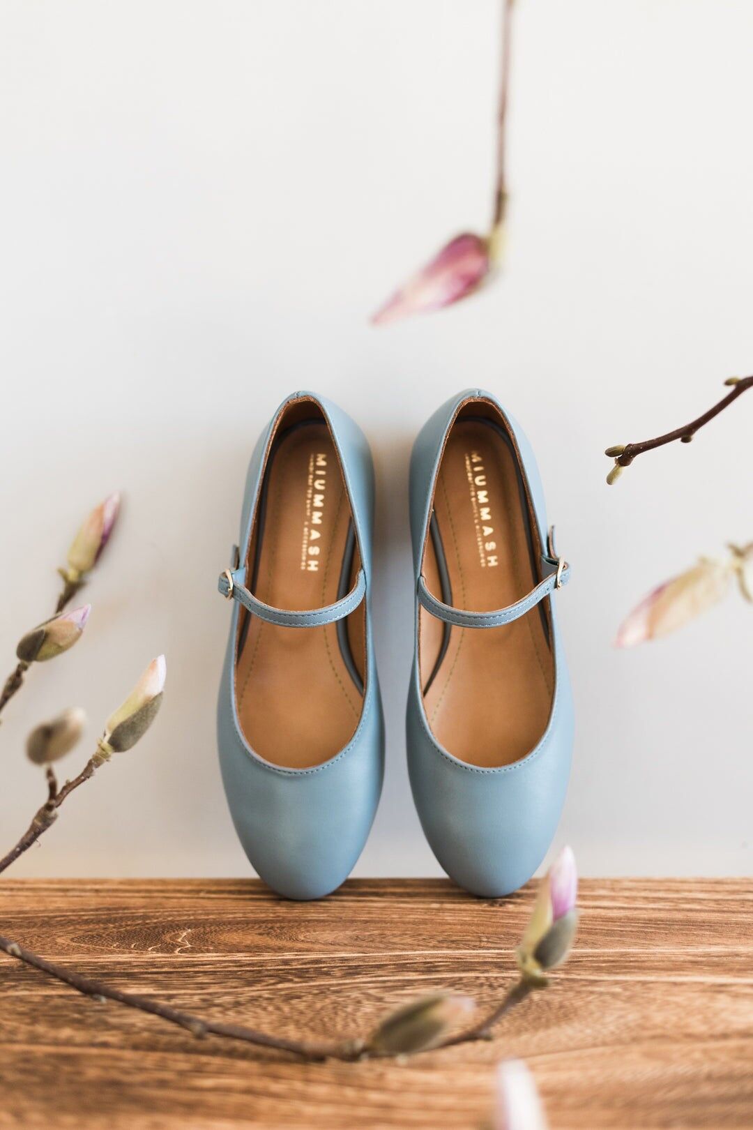 Handgefertigte Lederballerinas - Mary-Jane - Dusty Blue 34-42