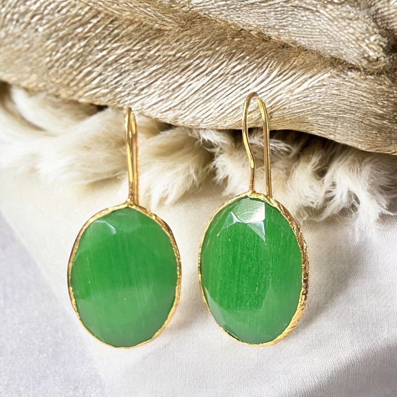 Boucles d’oreilles "FLORIA" dorées or fin pierre naturelle Agate verte