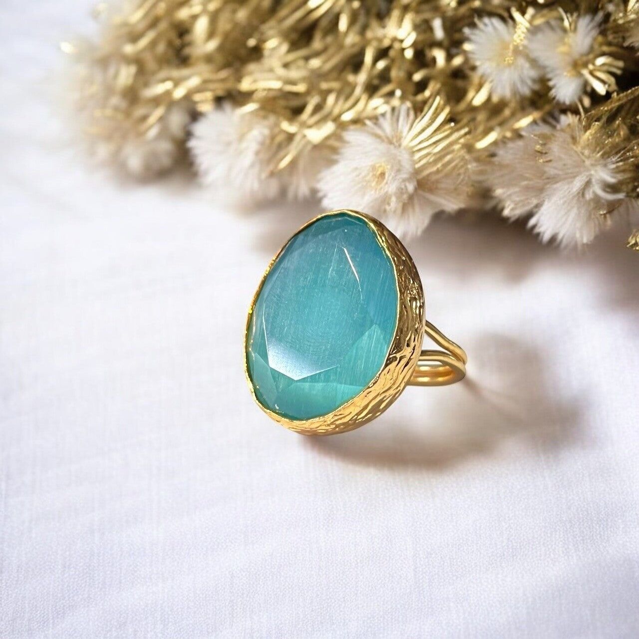 Bague "ROSALIA" pierre naturelle agate bleue