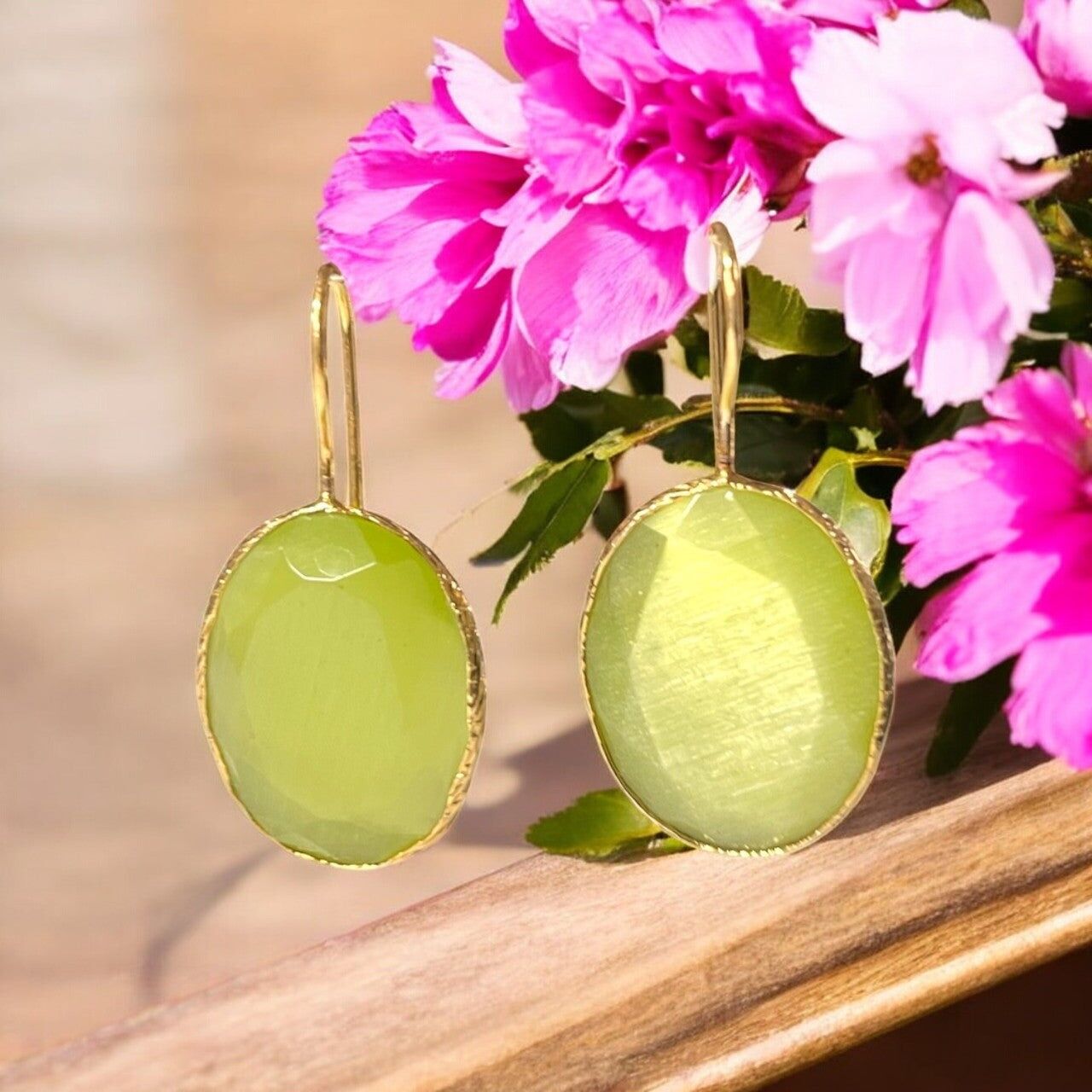Boucles d’oreilles "OPALYS" dorées or fin pierre naturelle Agate verte