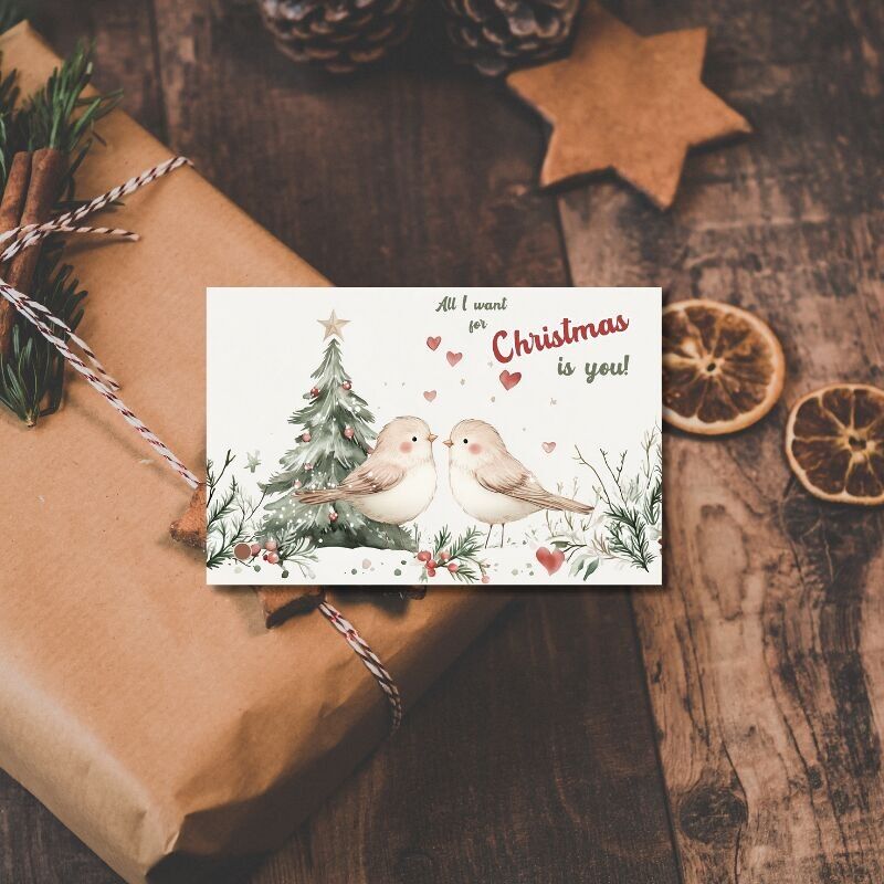 Geschenketikett - supersüße kleine Weihnachtskarte 2 verliebte Vögel Alles, was ich mir zu Weihnachten wünsche, bist du!