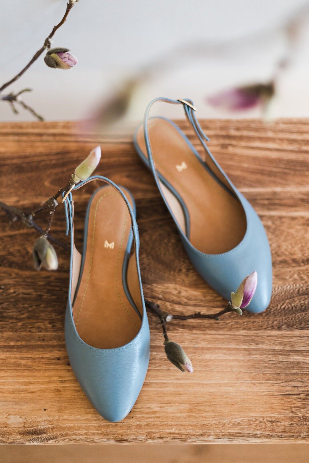 Bailarinas de piel hechas a mano - Oriana - Azul Polvoriento 35-42