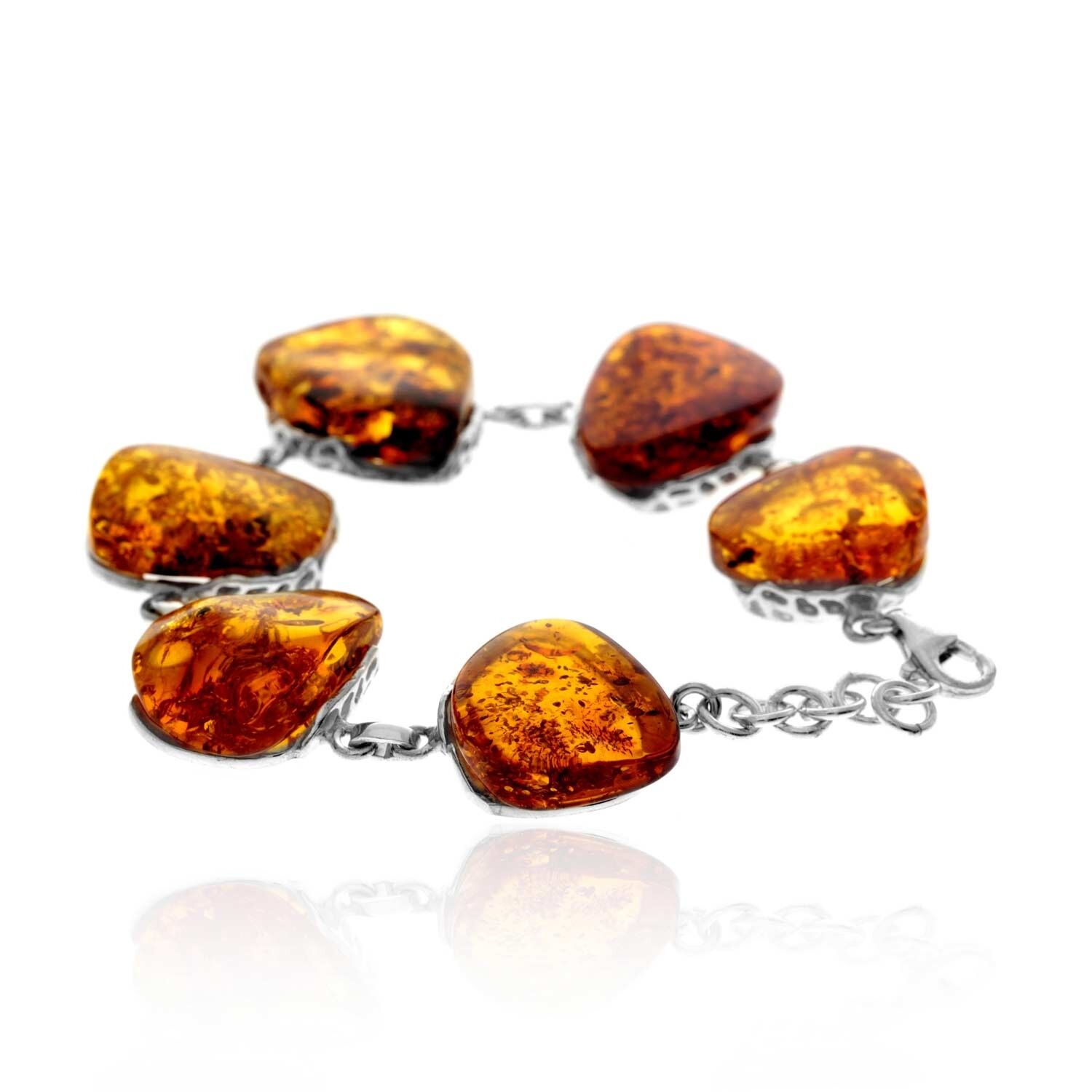 Exklusives, einzigartiges Gliederarmband aus 925er Sterlingsilber und echtem baltischen Bernstein in Cognac – BT0201