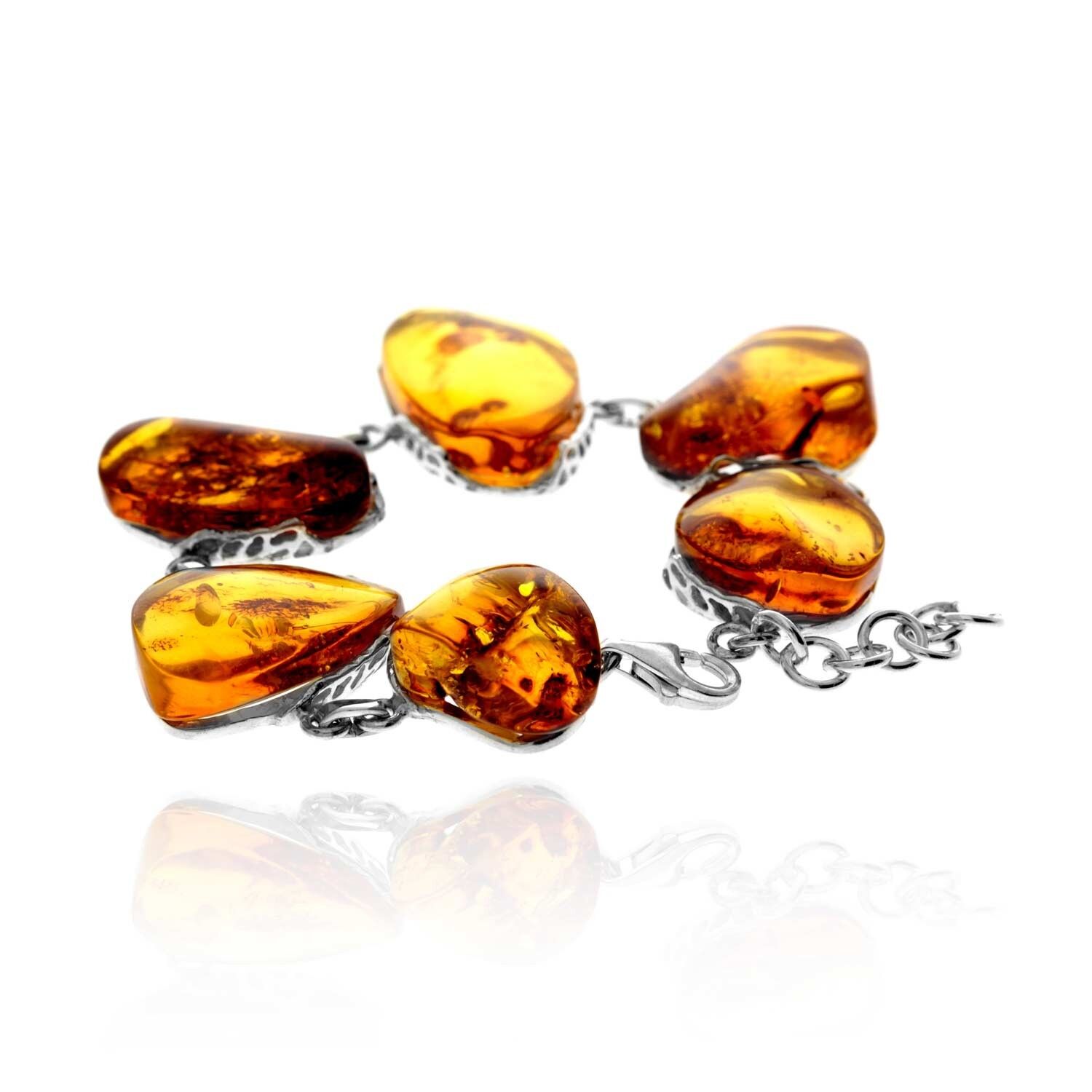 Exklusives, einzigartiges Gliederarmband aus 925er Sterlingsilber und echtem baltischen Bernstein in Cognac – BT0202