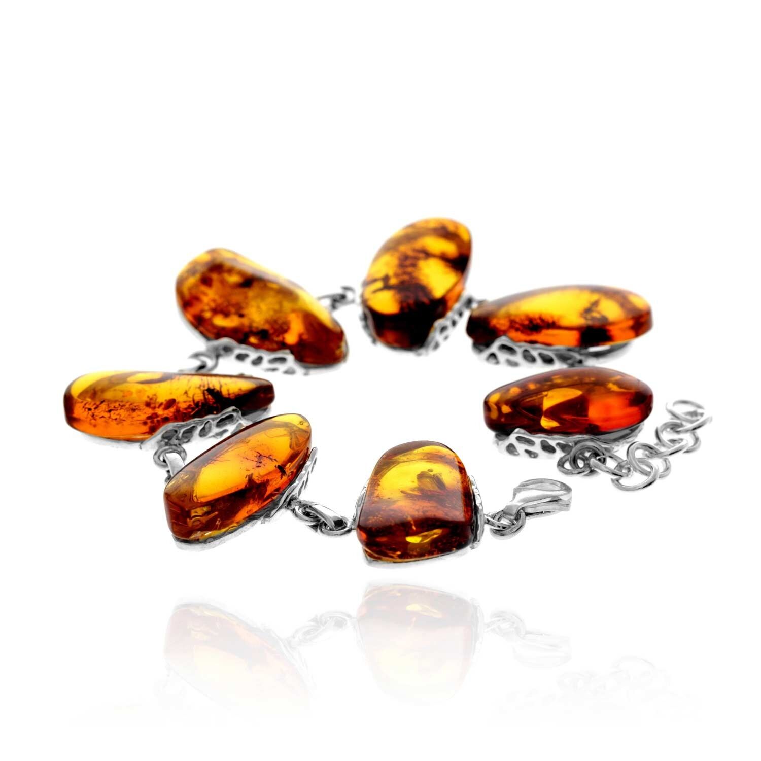 Exklusives, einzigartiges Gliederarmband aus 925er Sterlingsilber und echtem baltischen Bernstein in Cognac – BT0203