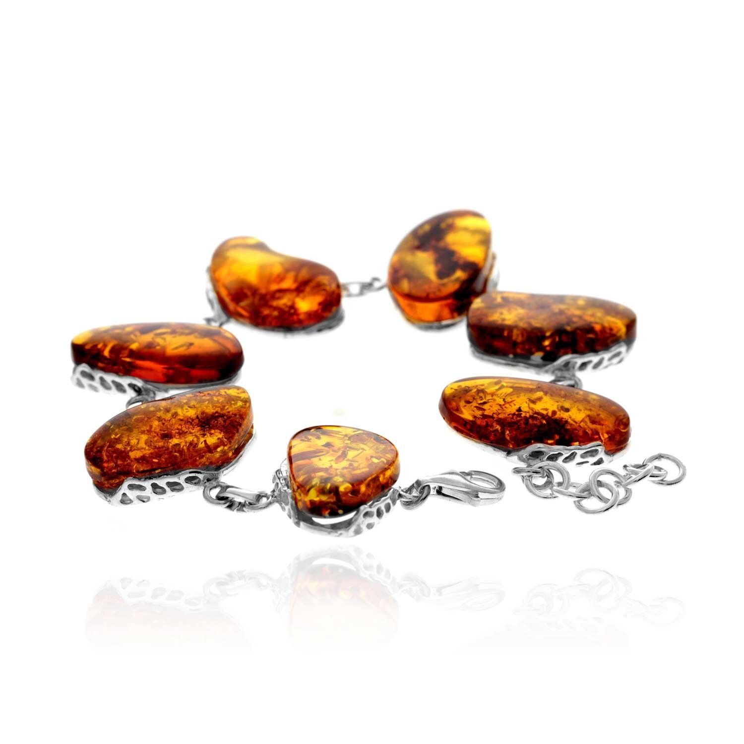 Exklusives, einzigartiges Gliederarmband aus 925er Sterlingsilber und echtem baltischen Bernstein in Cognac – BT0204