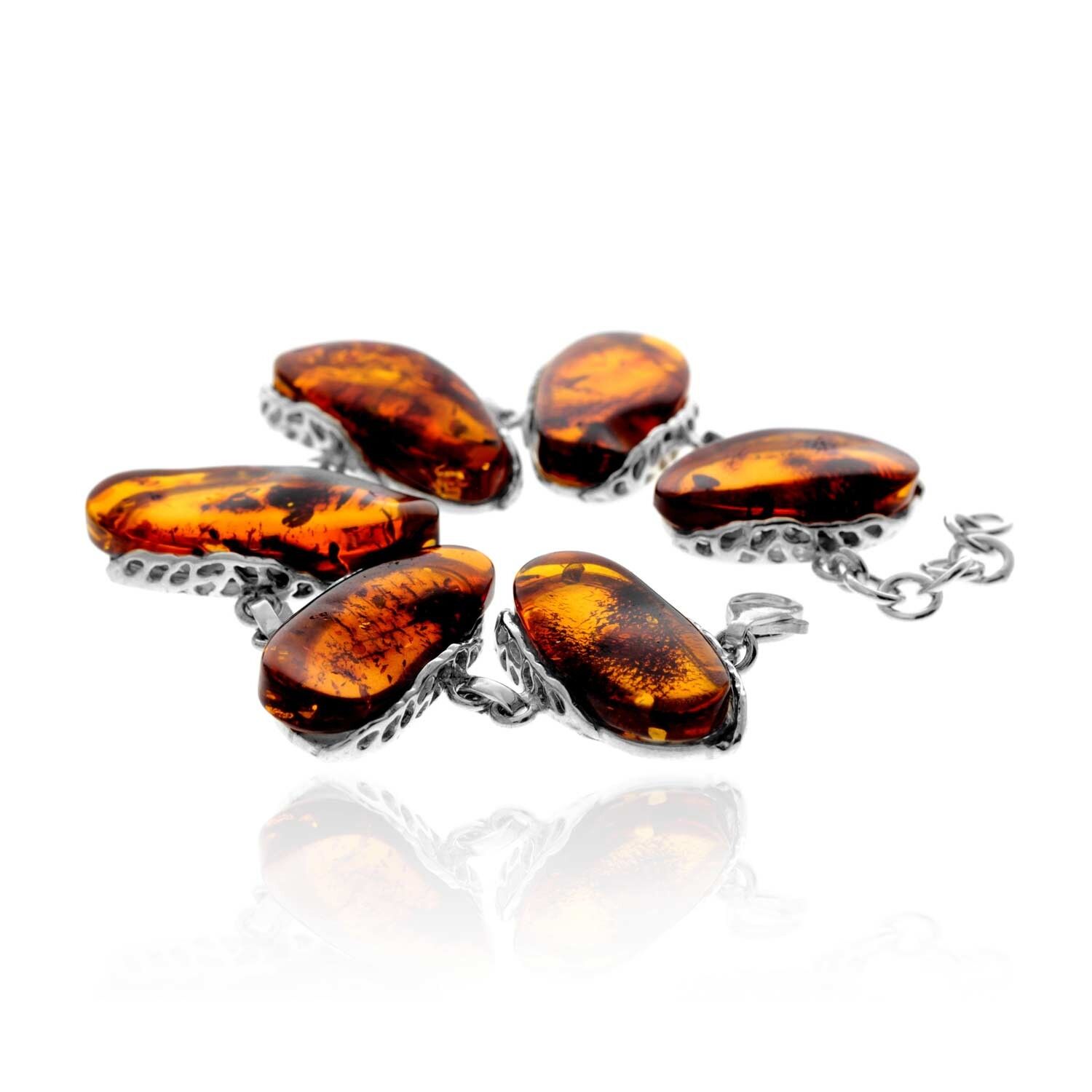 Exklusives, einzigartiges Gliederarmband aus 925er Sterlingsilber und echtem baltischen Bernstein in Cognac – BT0206