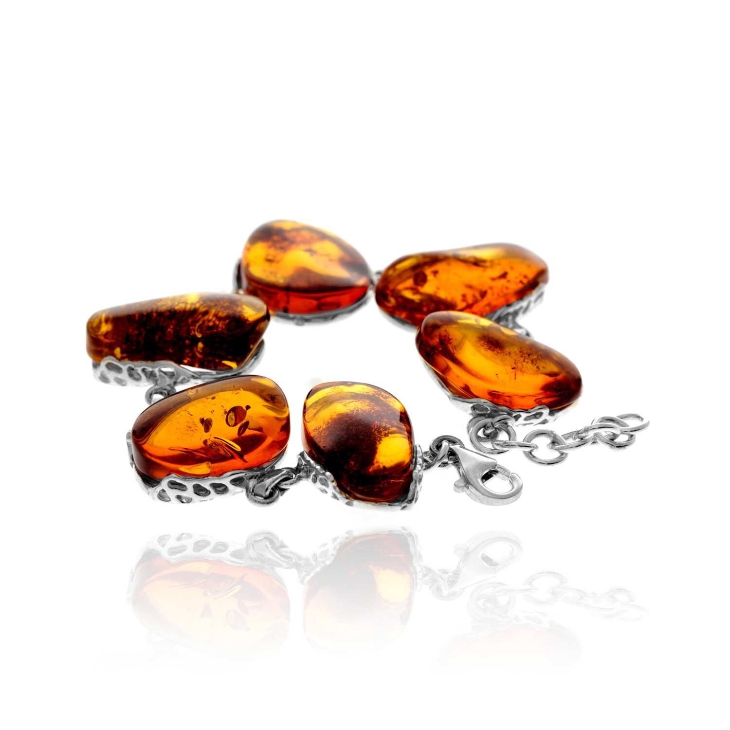 Exklusives, einzigartiges Gliederarmband aus 925er Sterlingsilber und echtem baltischen Bernstein in Cognac – BT0207