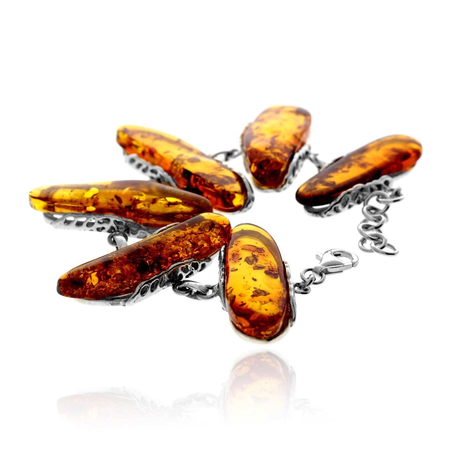 Exklusives, einzigartiges Gliederarmband aus 925er Sterlingsilber und echtem baltischen Bernstein in Cognac – BT0209
