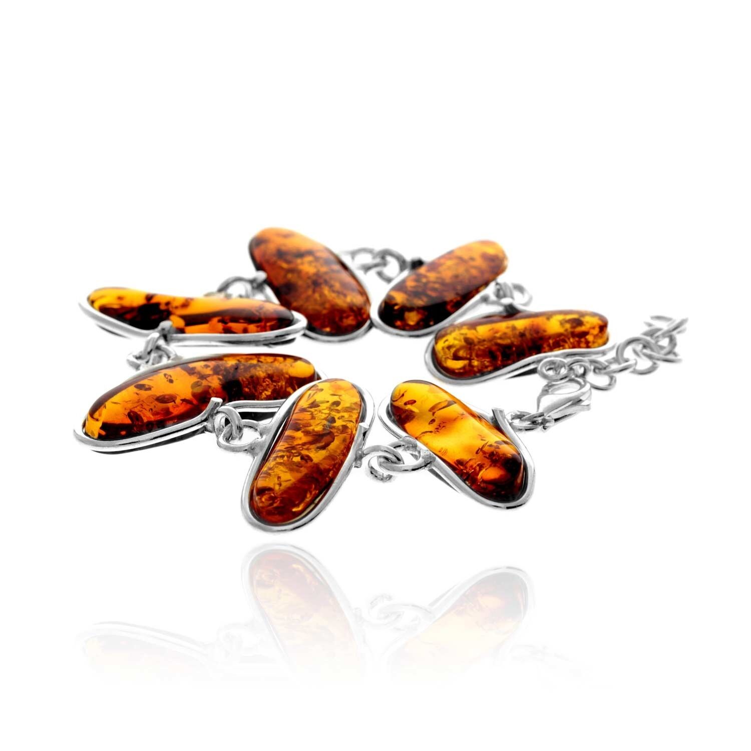 Exklusives, einzigartiges Gliederarmband aus 925er Sterlingsilber und echtem baltischen Bernstein in Cognac – BT0210