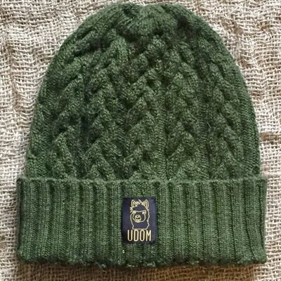 Slouchy Cable Knit Hat – Olive Green