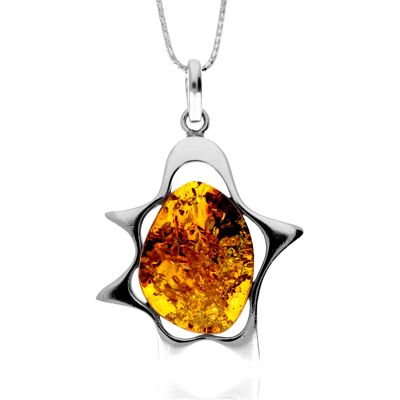 925 Sterling Silver & Genuine Cognac Baltic Amber Exlusive Unique Pendant - PD2666