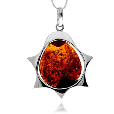 925 Sterling Silver & Genuine Cognac Baltic Amber Exlusive Unique Pendant - PD2667