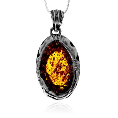 Colgante exclusivo de plata de ley 925 y ámbar báltico auténtico color coñac - PD2570