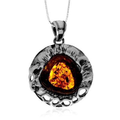 Colgante exclusivo de plata de ley 925 y ámbar báltico auténtico color coñac - PD2573