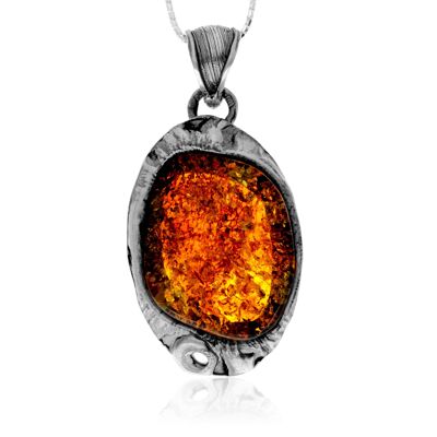 Colgante exclusivo de plata de ley 925 y ámbar báltico auténtico color coñac - PD2571