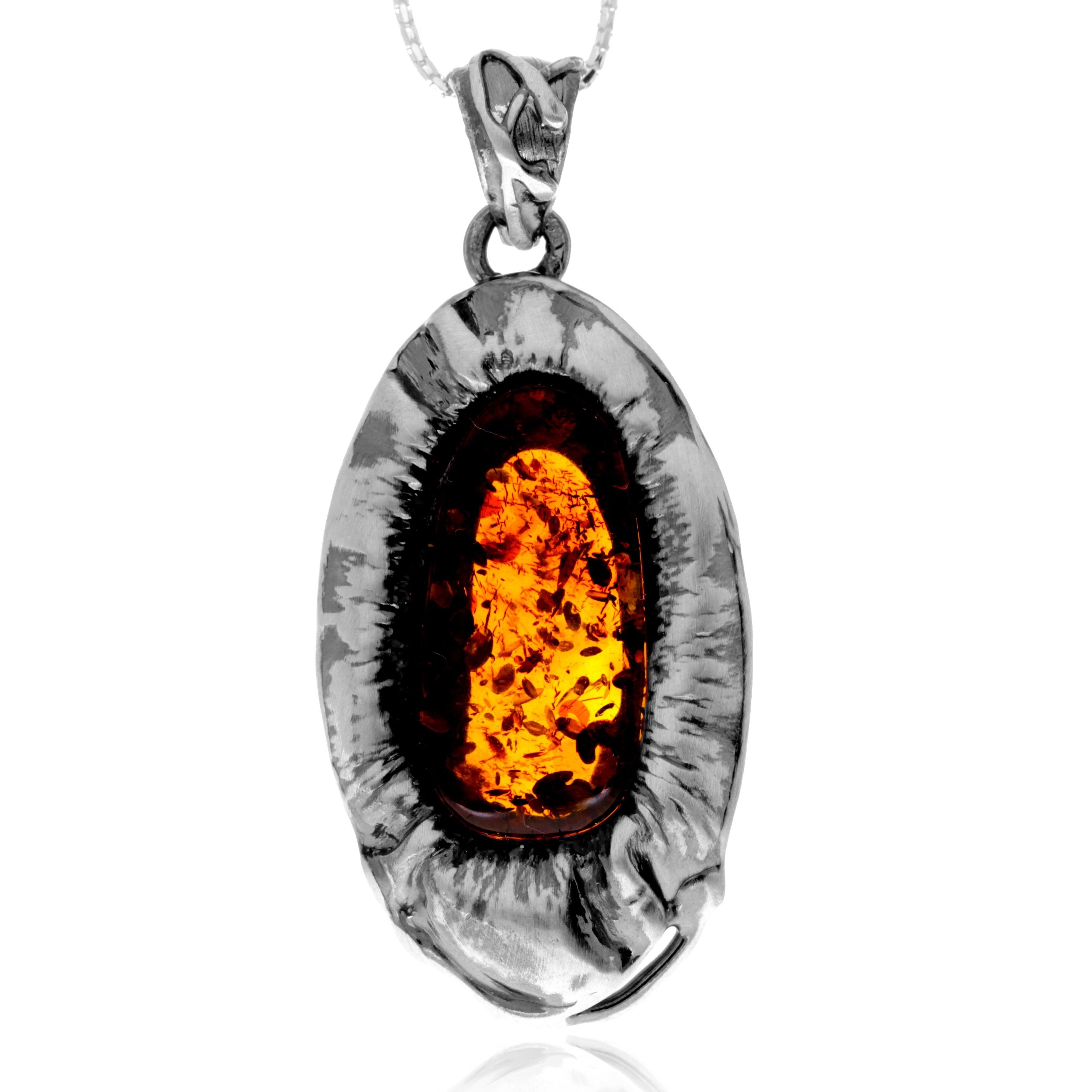 Ciondolo esclusivo e unico in argento sterling 925 e ambra baltica color cognac - PD2577