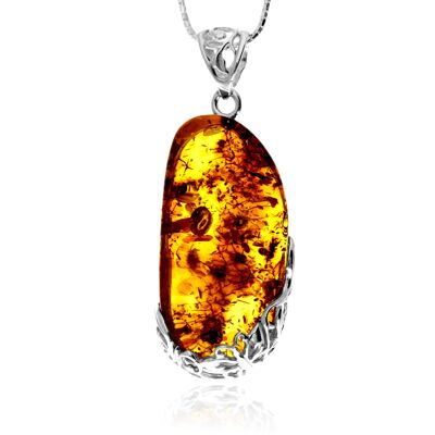 Colgante exclusivo de plata de ley 925 y ámbar báltico auténtico color coñac - PD2594