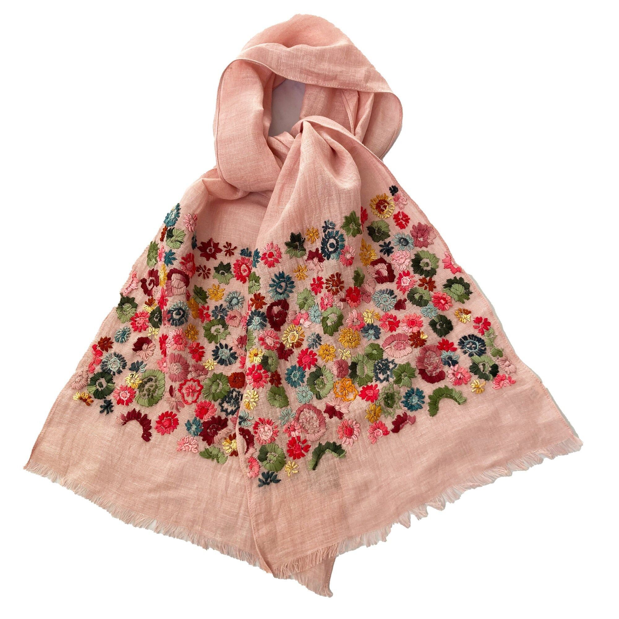 Sciarpa in lino 100% ricamata a mano con motivo floreale rosa cipria