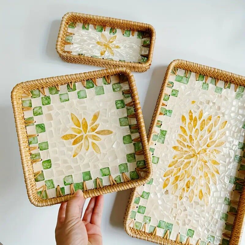 Shell Inlay Rattan Tray Set - Square Bamboo Serving Trays (3 Sizes)